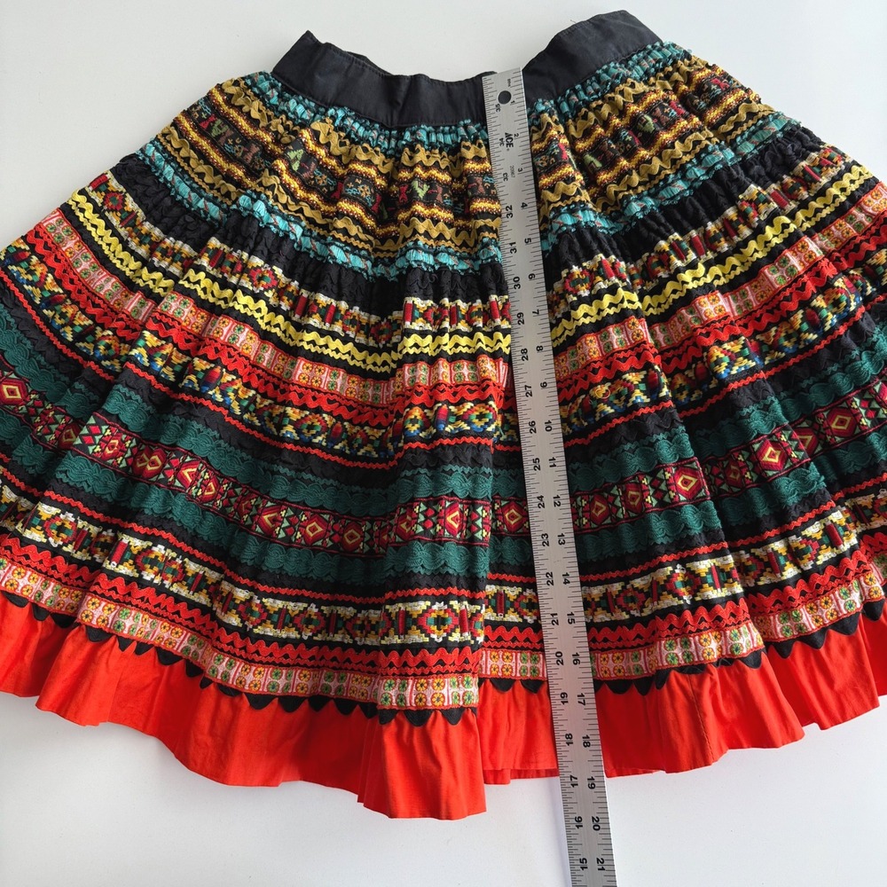 VTG Ribbon Ric Rac Flounce Colorful Red Black Rainbow Handmade Fiesta Skirt S - Picture 8 of 10